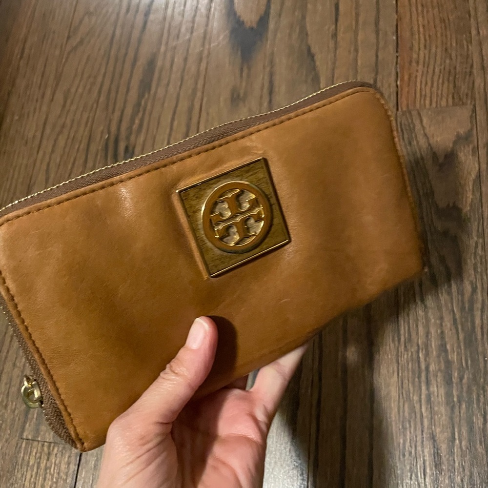 Tory Burch leather camel colored wallet with gold details